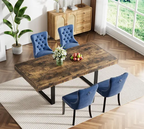 Vista 11 de Juego de mesa de comedor extensible marrón de 63 a 78.74 pulgadas para 4, juego de mesa de comedor de 5 piezas con 4 sillas tapizadas, mesa