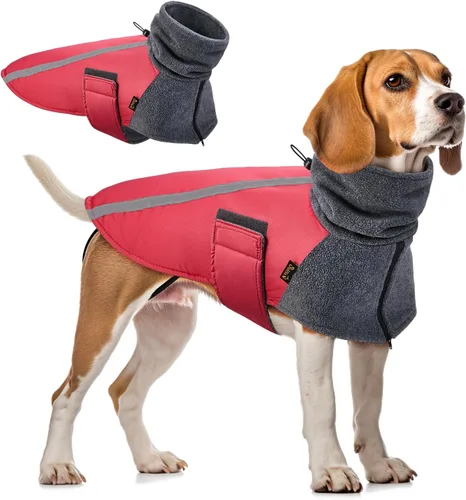 Vista 13 de SlowTon - Abrigo de invierno para perro, cálida chaqueta para perritos para exteriores con forro polar y bufanda de cuello de tortuga, chaleco