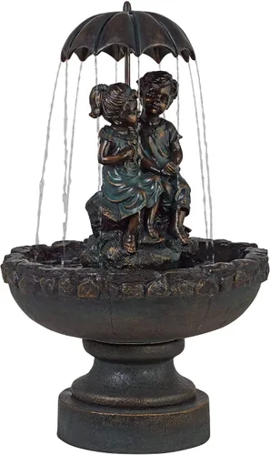 Vista 5 de Niño y niña bajo el paraguas de 40 pulgadas de alto, grande, rústico, para interiores y exteriores, decoración de núcleo de cabaña, fuente de suelo
