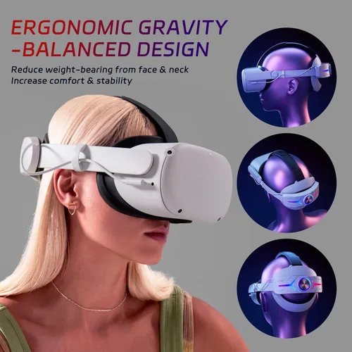Vista 5 de QWOS RGB Comfort Battery Head Strap 8000mAh Compatible with Oculus Quest 2 - Extend 7hrs Playtime - Adjustable Elite Strap with Super Soft Thickened