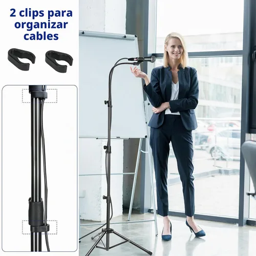 Vista 5 de Soporte para Micrófono, Soportes de Micrófono de Brazo Trípode con Cuello de Cisne, Soporte de Micrófono de Altura Ajustable de 24" a 67" con 2