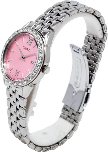 Vista 2 de Seiko Reloj de cuarzo para mujer con correa de acero inoxidable SUR693P1, Rosado, Reloj de cuarzo