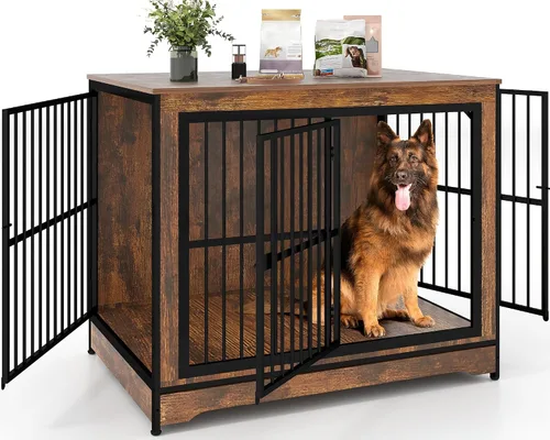 Vista 10 de Yafylly Jaula para perros pequeños de 32 pulgadas, muebles de madera para perros pequeños y medianos, ventana interactiva, cuencos ajustables