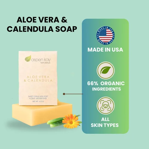Vista 2 de Aspen Kay Naturals Jabón de aloe vera y caléndula, ingredientes naturales y orgánicos, aloe vera orgánico, jabón de caléndula y cúrcuma. Uso