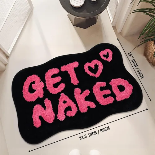 Vista 2 de Alfombra de baño con texto en inglés "Get Naked", alfombra de baño divertida, suave, antideslizante, bonita, divertida decoración de baño para Negro