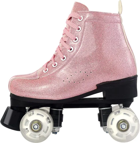 Vista 6 de Perzcare Zapatos de patinaje para mujeres y hombres, clásicos de piel sintética de cristal, patines de doble fila para principiantes, patines