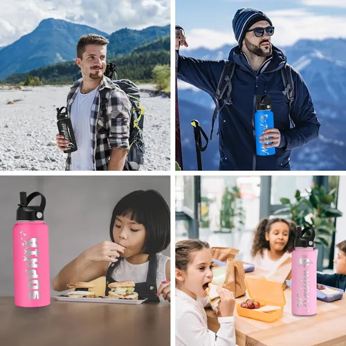 Vista 7 de Botella de agua grabada personalizada aislada con pajilla, botella de agua deportiva personalizada con nombre, botella de agua de acero inoxidable
