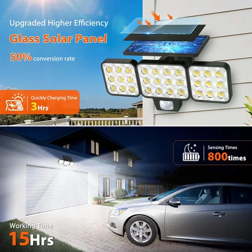 Vista 3 de WdtPro Luces solares para exteriores, 3500 lúmenes, sensor de movimiento brillante, luces para exteriores, 3 cabezales y panel de vidrio mejorado