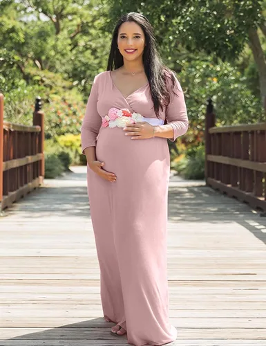 Vista 2 de Kim S Vestido largo de maternidad con banda de flores (S-3XL), vestido de fiesta baby shower con cuello en V fruncido