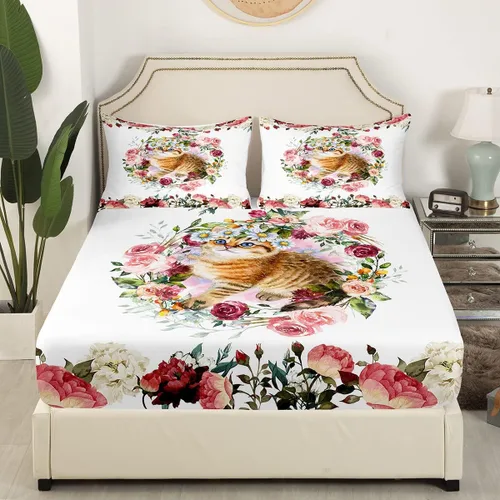 Vista 3 de Erosebridal Juego de sábanas de tamaño individual con diseño de gatos y gatos, con temática de animales, con flores coloridas, juego de sábanas