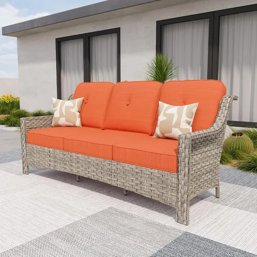 Vista 24 de HOOOWOOO Sofá de patio de 3 plazas de mimbre para exteriores, resistente a todo tipo de clima, con respaldo alto, muebles a juego (beige y bronceado)