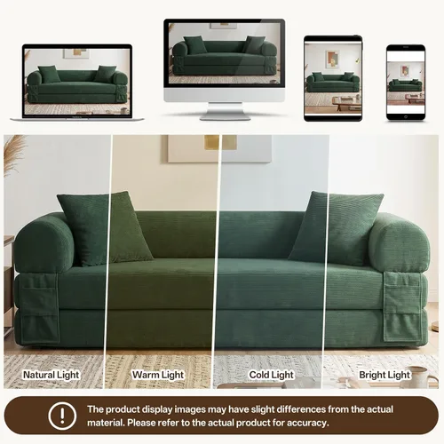 Vista 7 de Anwick Sofá cama convertible sin hueso de 80 pulgadas, sofá cama 3 en 1, tamaño Queen para sala de estar, estudio, apartamento, pana, espuma Verde