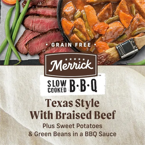 Vista 4 de Merrick - Comida húmeda para perros, barbacoa cocinada a fuego lento estilo Texas con carne de res estofada, sin cereales, comida enlatada