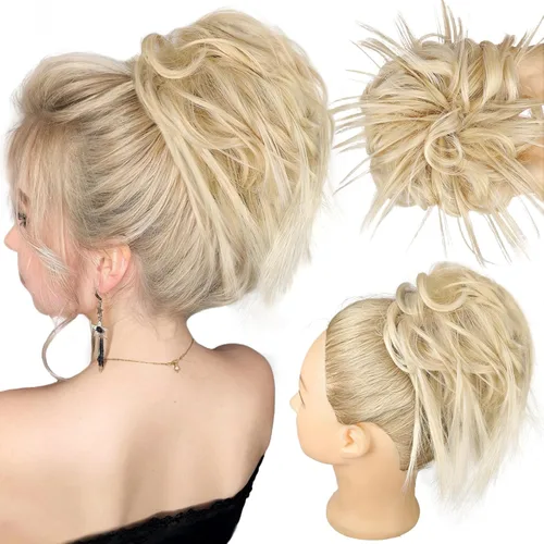 Vista 37 de HMD - Extensiones de cabello tipo chongo alborotado con rodelo despeinado, banda elástica de goma, extensiones de cabello sintético para mujer