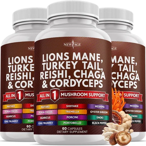 Vista 9 de NEW AGE Suplemento de hongo melena de león con cola de pavo Reishi Cordyceps Chaga con raíz de malvavisco