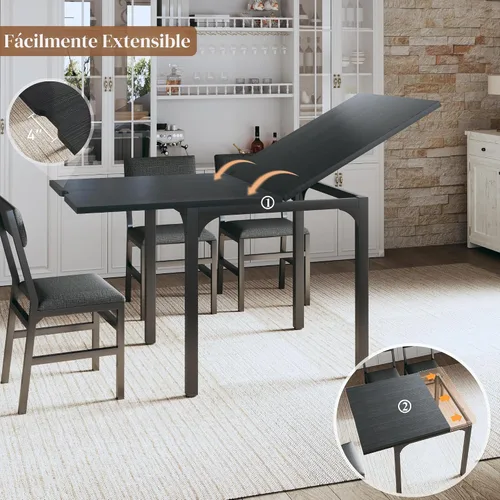Vista 2 de Juego de mesa de comedor de 7 piezas para 4-6, sillas extensibles para mesa de cocina, juego de 6 con 6 sillas, mesa de comedor rectangular con Negro