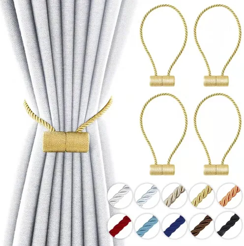 Vista 13 de Alzapaños magnéticos fuertes de 18 pulgadas, sujetadores de cortina modernos, estilo trenzado, cuerda decorativa para cortinas (2 unidades, beige)