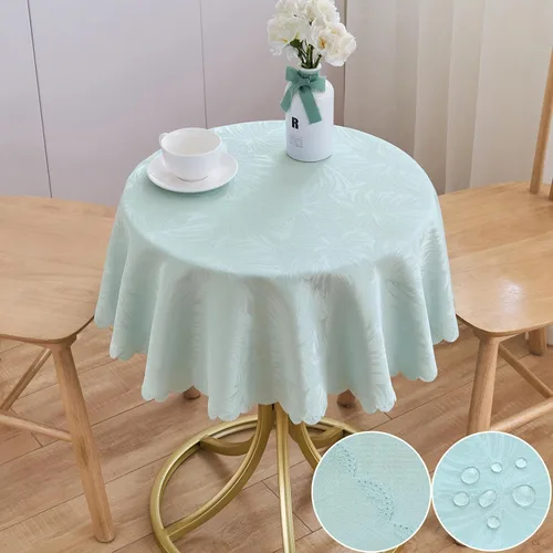 Vista 5 de Mantel Redondo Aqua Jacquard Pequeño de 40 Pulgadas, Manteles para Mesas de hasta 26" de Diámetro, Impermeable, Lavable, Sin Arrugas, Tela Suave