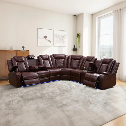 Vista 10 de Juego de sofá seccional reclinable con alimentación, juego de sofá modular reclinable de cuero negro en forma de L, sofá de cuero en forma de L