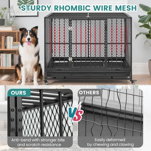 Vista 3 de Erinnyees Jaula para perros resistente de 42 pulgadas, perrera plegable para perros medianos y pequeños, jaula de metal con ruedas con bloqueo