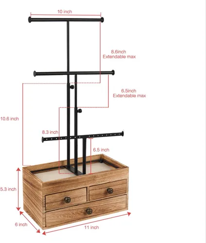 Vista 7 de X-cosrack Organizador de soporte para árbol de joyería soporte de metal de 3 niveles con caja de almacenamiento básica de madera soporte de altura