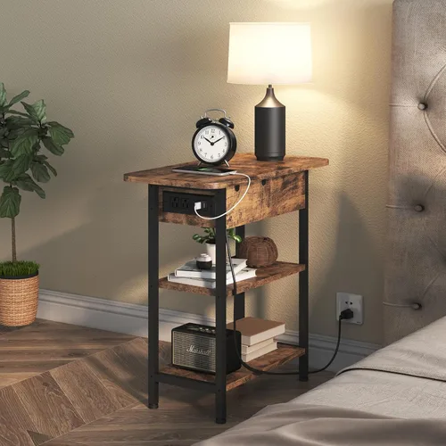Vista 6 de LIDYUK Mesa auxiliar con estación de carga, mesa auxiliar abatible con puertos USB y tomas, mesita de noche para espacios pequeños, mesitas de noche