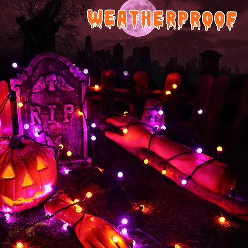 Vista 6 de Brizled - Luces de Halloween moradas y naranjas, 7.5 mt, 70 luces LED G12, de 120 V, enchufables, luces moradas y naranjas, juego de luces
