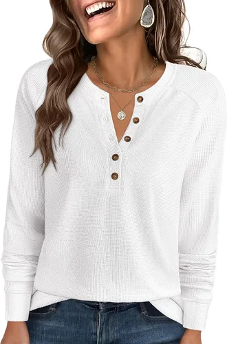 Vista 21 de ANRABESS Camisas de manga larga Henley de punto gofre para mujer Negro