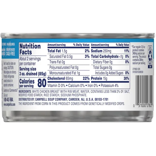 Vista 3 de Swanson 25% menos sodio, pechuga de pollo premium en agua enlatada en trozos blancos, lata de 12.5 OZ