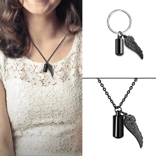 Vista 3 de Dletay - Collar de urna de cremación para cenizas, colgante de recuerdo con alas de ángel, acero inoxidable
