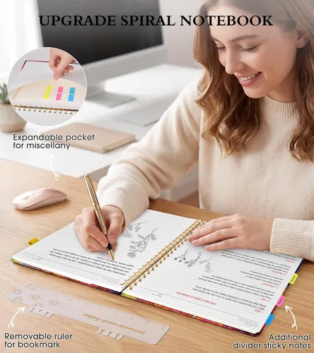 Vista 5 de Cuaderno de espiral de 8.5 x 11 pulgadas, cuadernos grandes A4 para mujeres y hombres, diario rayado universitario, papel de 3.53 oz/m², diarios