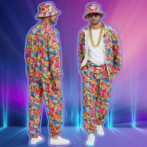Vista 2 de Traje de los años 80 y 90 para hombre, traje deportivo con accesorios de disfraz de hip hop para fiestas temáticas de Halloween de los años 80.