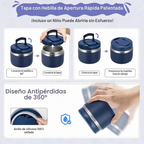 Vista 3 de MAXSO Tarro de comida aislado al vacío de 14 onzas con tapa de hebilla de cuchara, termo de sopa para niños para comida caliente, boca ancha Azul