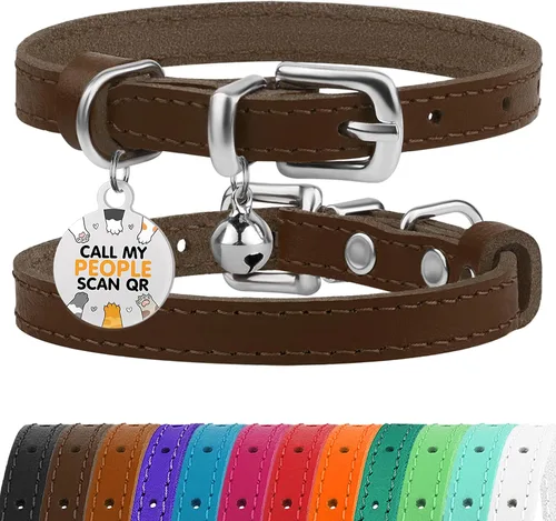 Vista 37 de BRONZEDOG Collar de cuero para gato con campanas extraíbles sin liberación rápida, etiqueta QR para gatito para niña y niño