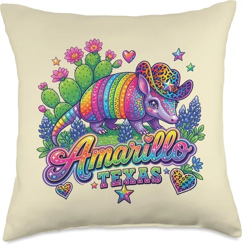 Vista 4 de Amarillo Texas Rainbow Armadillo Cowboy 80s Retro Souvenir Throw Pillow