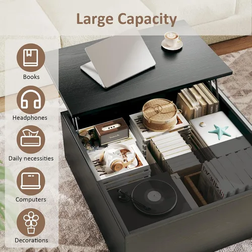 Vista 3 de HUAHUU Mesa auxiliar elevable, cuadrada de 31.5 pulgadas, con almacenamiento, mesa de centro con compartimento oculto grande, mesa central con mesa