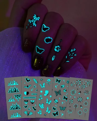 Vista 14 de 20 hojas de tatuajes temporales de mariposa que brillan en la oscuridad para mujeres, flores luminosas, mariposas, alas de tatuaje, calcomanías
