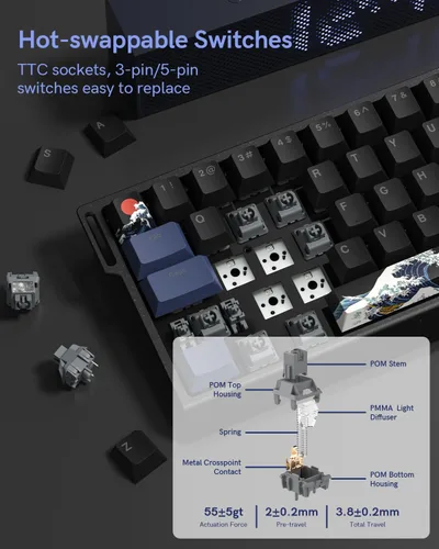 Vista 3 de SK68 - Teclado para juegos al 65%, mini teclado retroiluminado con cable con enchufe 100% intercambiable en caliente, 68 teclas, teclado con cable