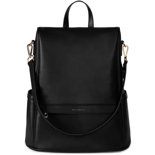 Vista 14 de MIA + SOPHIA Mochila de cuero para pañales con puerto de carga USB, cambiador, correas para cochecito y portabotellas (Marrón Mia)