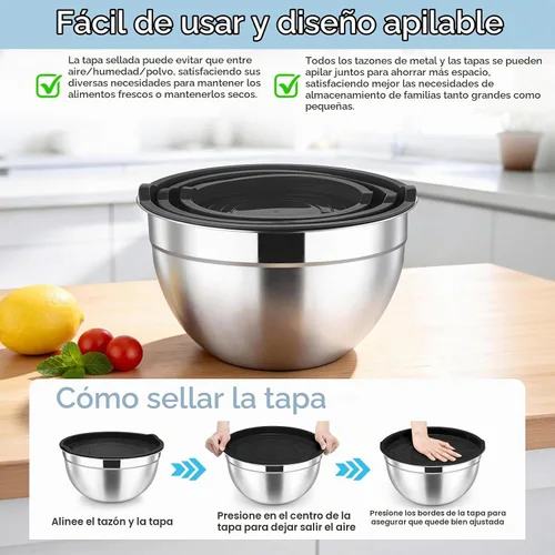 Vista 7 de TeamFar Cuencos para mezclar, 4,6/3 / 1,5 QT, juego de cuencos de ensalada anidables de acero inoxidable con tapas herméticas, para Negro