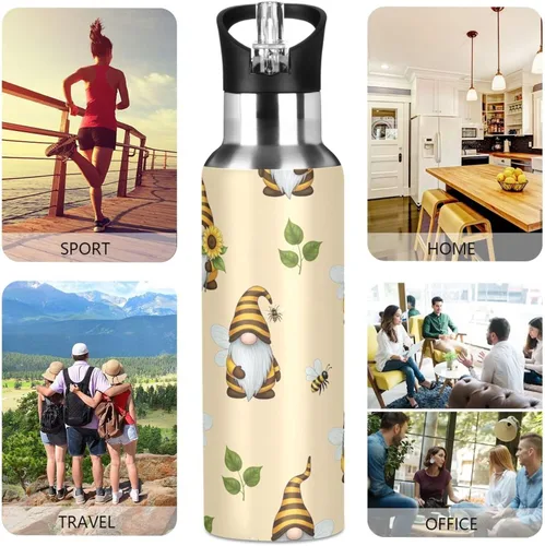 Vista 5 de Insulated Stainless Steel Water Bottle with Straw 20 Oz, Leakproof Water Bottles for Gym Outdoor Travel School, Gnomes Bees