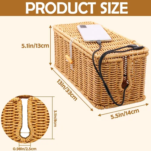 Vista 2 de Caja de gestión de cables, organizador de cables de cordón de ratán de imitación hecho a mano, caja ocultadora de cables con ranuras abiertas, cesta