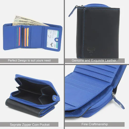 Vista 5 de AlphaHide Billetera de tres pliegues para mujer, cartera de tarjetas de crédito para mujer, monedero con cremallera, RFID