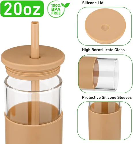 Vista 8 de Tronco Vaso de vidrio de 20 onzas con tapas y pajitas, vasos reutilizables para batidos con tapa de silicona, taza de café helado con funda