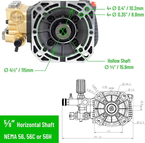 Vista 3 de Canpump CF 1522 E: 1500 psi @ 2.2 US gpm Bomba de repuesto para hidrolavadora eléctrica con descargador externo, eje horizontal de 5/8 pulgadas