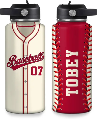 Vista 22 de Hyturtle Botella de agua de béisbol personalizada, botella de acero inoxidable aislada de viaje con tapa a prueba de fugas, 18 onzas, 32 onzas