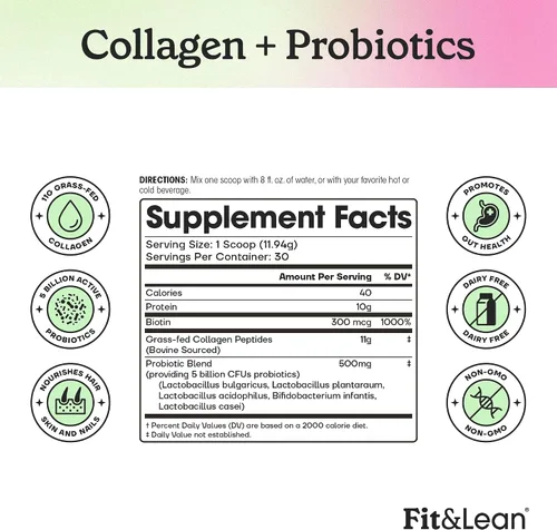 Vista 7 de Fit & Lean Colágeno + probióticos - Polvo de péptido de colágeno alimentado con pasto, sin sabor, 12.64 onzas
