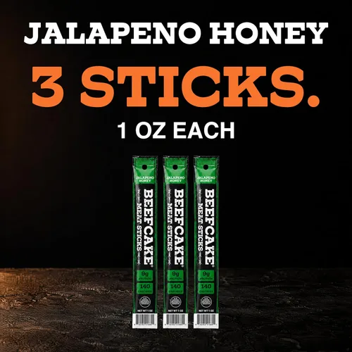 Vista 4 de Beefcake Jerky Barras de carne seca de jalapeño y miel, bocados proteicos de calor dulce, 9g de proteína, 3 barras