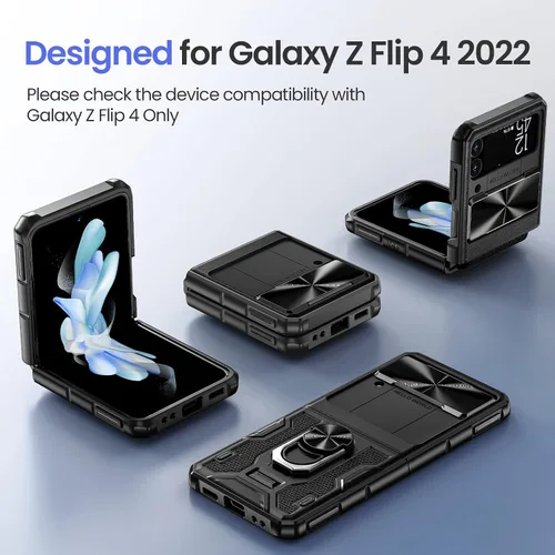 Vista 3 de VEGO para Galaxy Z Flip 4 Funda con Cubierta de Lente Deslizante, Protección de Bisagras y Soporte Magnético Giratório de 360º Incorporado, Funda