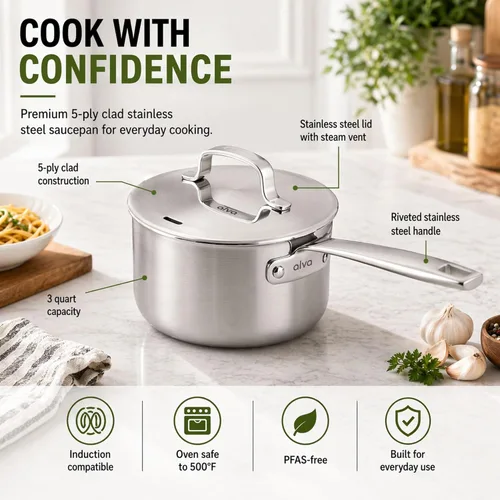Vista 9 de Alva Maestro - Cacerola de acero inoxidable recubierta de 5 capas con tapa, olla pequeña de 1.5 cuartos de galón, compatible con inducción, apta